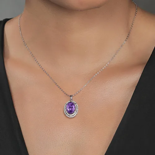 Vista 45 de Gem Stone King Collar con halo de dos filas de 5 a 10 quilates con piedra natal ovalada de 0.55 x 0.39 pulgadas en plata de ley 925 Collar