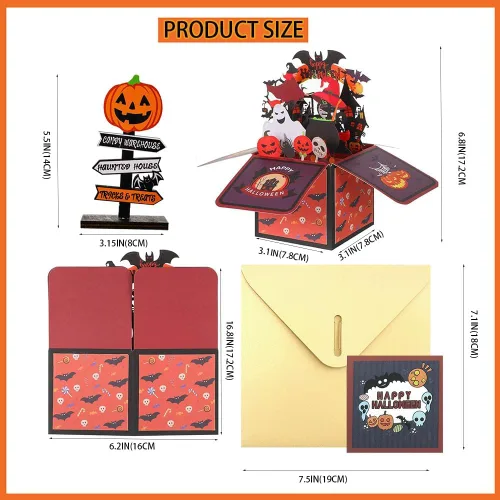 Vista 3 de Tarjeta de caja desplegable de Halloween, 3D de casa encantada, fantasma, calabaza, tarjetas para fiesta de Halloween con sobres, etiqueta de notas
