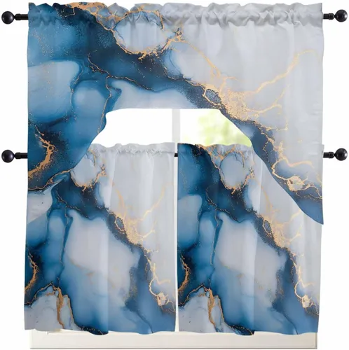 Vista 7 de Cortinas de cocina con cenefa de mármol azul y gris, cenefa con bolsillo para barra, paneles de cortina para dormitorio, sala de estar, baño