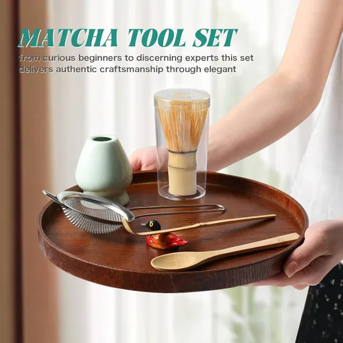 Vista 6 de Juego de batidor de matcha: juego de matcha con batidor de matcha de bambú y soporte de cerámica, cuchara de bambú+cuchara de madera, soporte