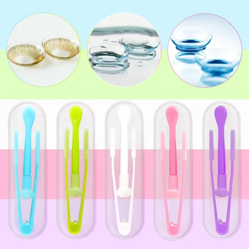 Vista 6 de Juego de 10 fundas de herramientas para quitar lentes de contacto coloridas, juego de pinzas portátiles con punta suave para lentes duras y suaves