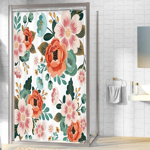 Vista 2 de Riyidecor Cortina de ducha pequeña de 36 pulgadas de ancho x 72 pulgadas de alto, media estrecha, para primavera, floral, decoración de baño, hojas