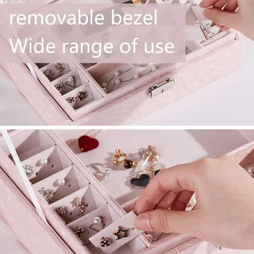 Vista 3 de YZJJ Joyero de dos capas, organizador de joyas de piel sintética con protección del medio ambiente, para mujeres, niñas, novia, esposa, regalo ideal