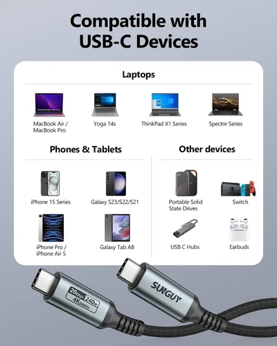 Vista 7 de SUNGUY Cable USB C 3.2 Gen2 de 3.3 pies, 240 W PD USB C, carga rápida, transferencia de datos de 20 Gbps, salida de video 4K, cable de pantalla tipo
