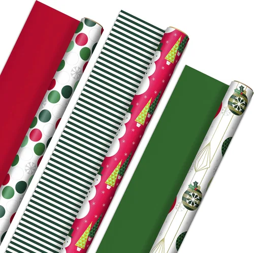 Vista 7 de Hallmark - Paquete de papel de regalo reversible de Navidad (3 rollos: 120 pies cuadrados en total) Felices fiestas, copos de nieve, muñecos