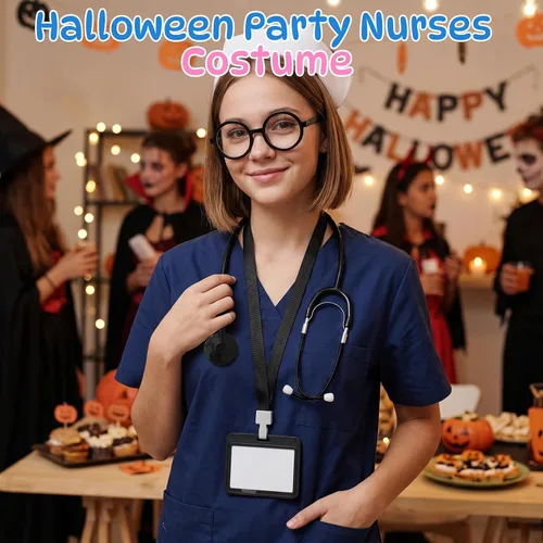 Vista 7 de Juego de accesorios de disfraz de doctor que incluye estetoscopio, gafas, tarjetero de identificación con cuerda, disfraz de Halloween, kit