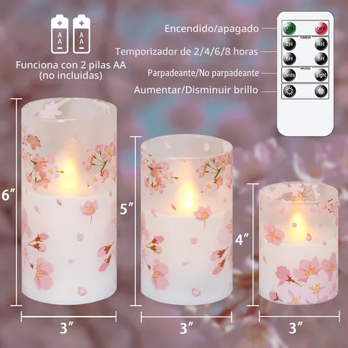 Vista 4 de Velas de cristal sin flama parpadeantes con control remoto y temporizador, flores de cerezo LED, cera real operadas por batería, juego de 3 velas