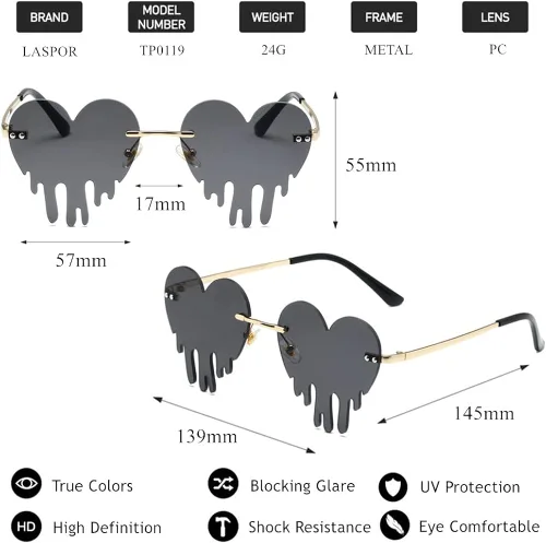 Vista 5 de LASPOR Gafas de sol de corazón derretidor para mujeres y hombres, sin llantas, gafas de fiesta de goteo, de metal dorado, sin marco, gafas de lágrima