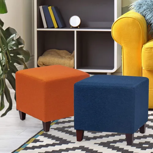 Vista 7 de Asense Reposapiés otomano tapizado de tela de lino con patas de madera, azul