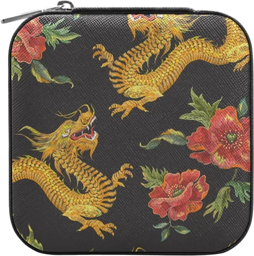 Vista 2 de Joyero pequeño con diseño étnico de dragones y rosas dorados, mini joyero, organizador de joyas de viaje para mujer