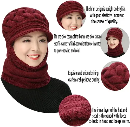 Vista 5 de Bufanda de punto para mujer cálida elástica suave con protección de las orejas gorro con forro polar gorro de una pieza