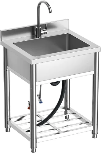 Vista 10 de Juego de fregadero de cocina de restaurante comercial de acero inoxidable de pie independiente con grifo, lavabo de mano de lavado de preparación