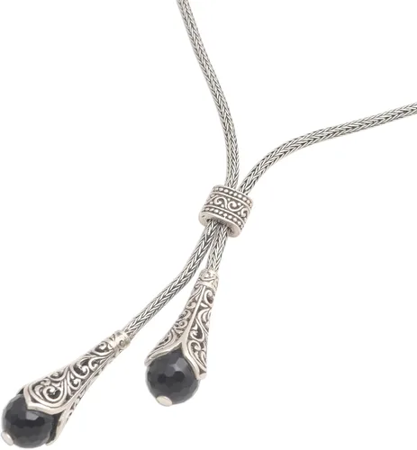 Vista 5 de NOVICA Collar hecho a mano de plata esterlina 925 Onyx Lariat colgante negro Indonesia piedra preciosa 'Celuk Pendulum', Plata esterlina, No es una