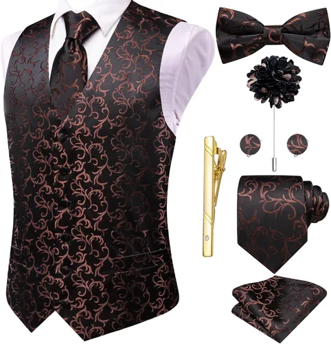 Vista 52 de Hi-Tie Chaleco de traje de seda para hombre, corbata y corbatín de solapa, clip de corbata dorado, chaleco floral de cachemira, 8 piezas, conjunto