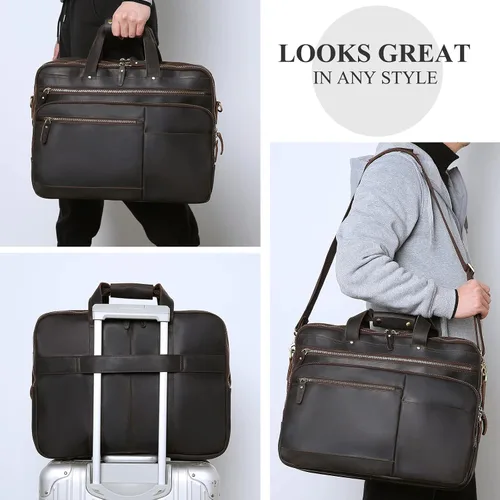 Vista 2 de Bolso de mensajero de cuero para hombre, maletín para portátil de cuero de grano completo vintage de 17.3 pulgadas