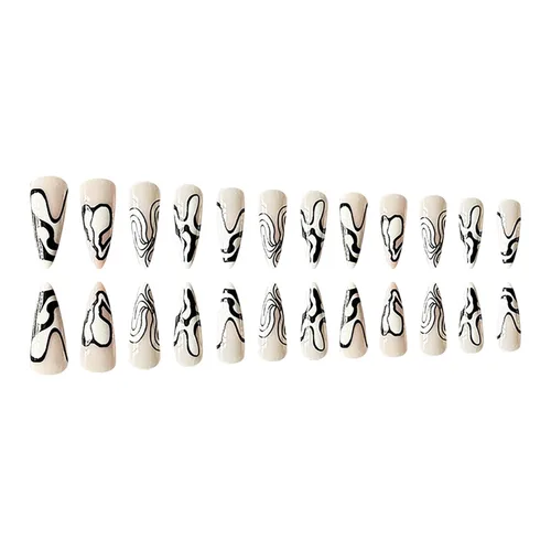 Vista 3 de 24 piezas de uñas postizas almendradas a presión de longitud media, puntas de uñas estilo stiletto, uñas postizas reutilizables con diseño de rayas
