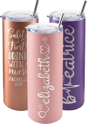 Vista 12 de Regalos de enfermera para mujeres, vaso personalizado para enfermera con nombre y especialidad, 20 onzas flacas, blanco, 8 diseños, con cepillo