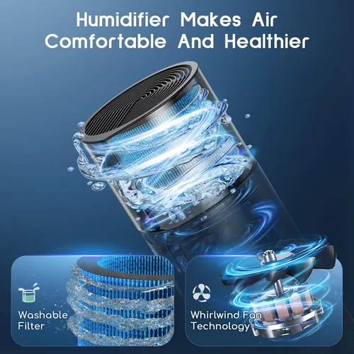 Vista 5 de Afloia Purificador de aire y humidificador 2 en 1, filtración silenciosa de 3 etapas para alergias de mascotas y humo, apagado automático, luz LED