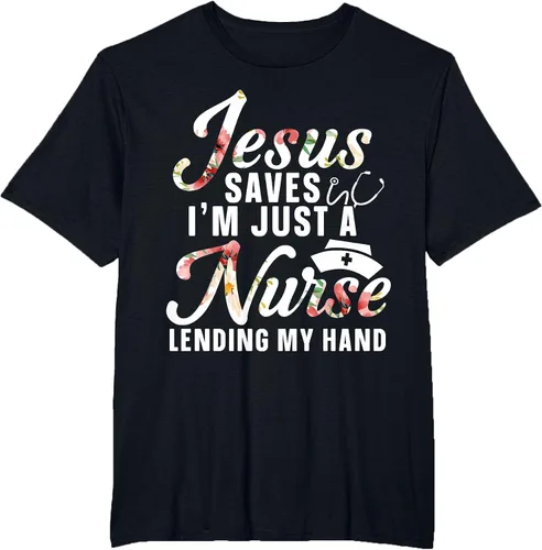 Vista 5 de Jesus Saves I'm Just A Nurse Lending My Hand RN Christian T-Shirt Asphalt Grey