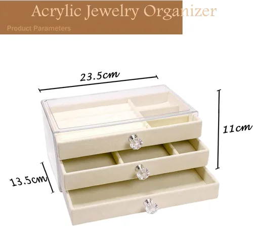 Vista 4 de EYUSEVS Organizador de joyas acrílico a prueba de polvo, caja de joyería transparente, caja de joyería con tres delicados cajones de terciopelo