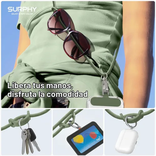 Vista 3 de SURPHY Cordón para teléfono, correa cruzada ajustable para teléfono con 2 pestañas de amarre para teléfono celular, hebillas de metal de alta Verde