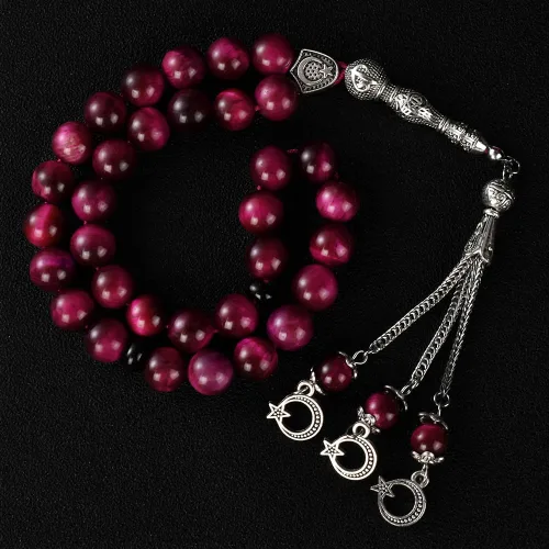 Vista 4 de TAS B Tasbih - Cuentas de oración, 33 piedras de ojo de tigre rosa (33 cuentas de 0.394 in) - Rosario musulmán Masbaha - Zikr, Dhikr Subha - Capilla