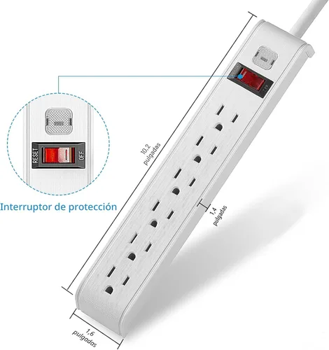 Vista 5 de Regleta protectora de sobretensiones, cable de extensión de 4 pies, protección contra sobretensiones de 600 julios, protección múltiple de 6 tomas