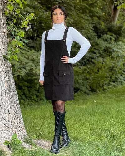 Vista 4 de luvamia Vestido de pana para mujer, tirantes ajustables, casual, a la moda, overoles cortos con bolsillos
