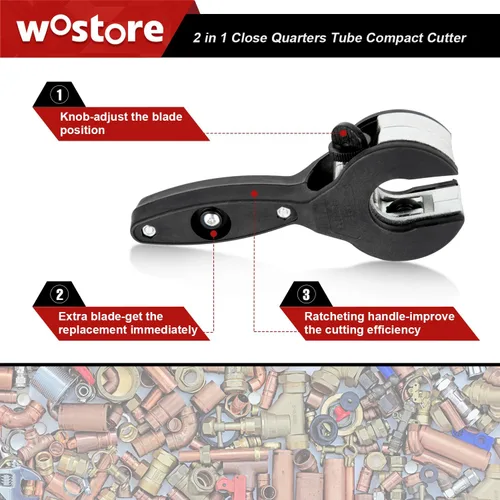 Vista 6 de Wostore Cortador de tubos de trinquete, 1/4"-7/8" OD (0.236-0.906 in) 2 en 1 con hoja de repuesto, agarre ergonómico para tubos de metal blando