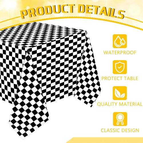 Vista 2 de 3 hojas de manteles desechables a cuadros en blanco y negro para fiesta de automóvil de carreras, 54 x 108 pulgadas, mantel rectangular de plástico