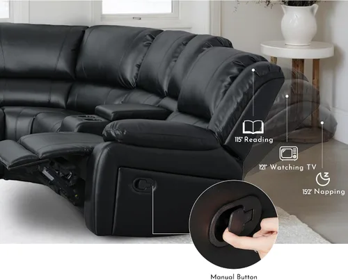 Vista 3 de Sofá seccional reclinable manual en forma de L para sala de estar Sofá modular modular de 109 pulgadas Sofá reclinable de piel sintética negra