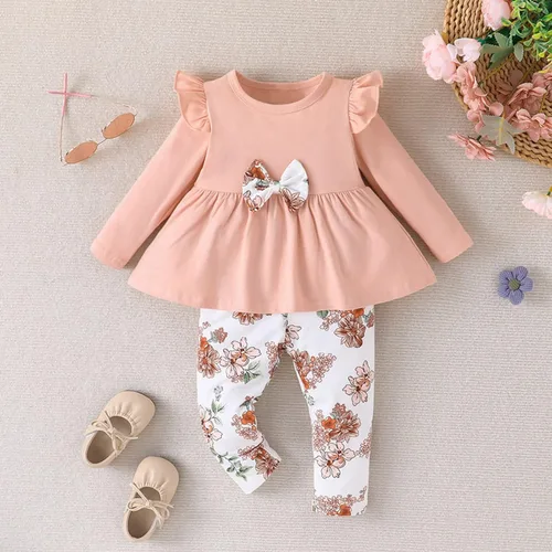 Vista 2 de Conjunto de pantalones florales de manga larga para bebés y niñas pequeñas para otoño e invierno