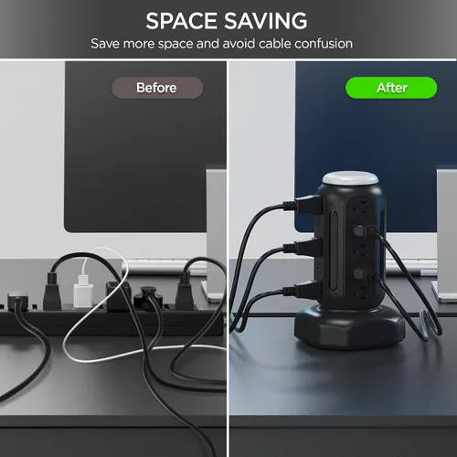 Vista 5 de Torre de regleta de múltiples salidas con luz nocturna colorida, 15 salidas de CA y 6 puertos USB en ayuno, cable de extensión de 6.5 pies
