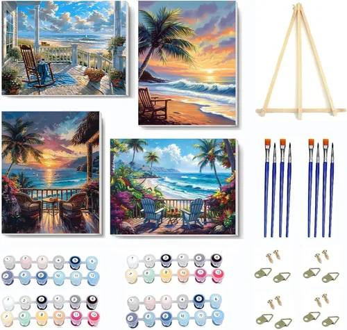 Vista 22 de VIGEGU Paquete de 4 pinturas por números para adultos, lienzo enmarcado, con caballete de madera, pintura por números para niños de 8 a 12 años
