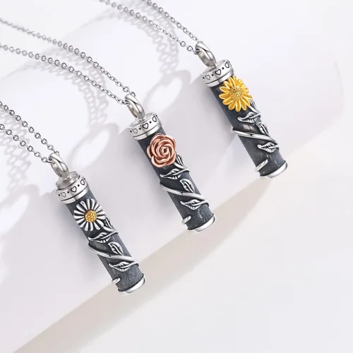 Vista 2 de Joyería de cremación de plata esterlina, diseño de girasol, rosa, margarita, urna para cenizas, joyería de recuerdo conmemorativo para mujeres