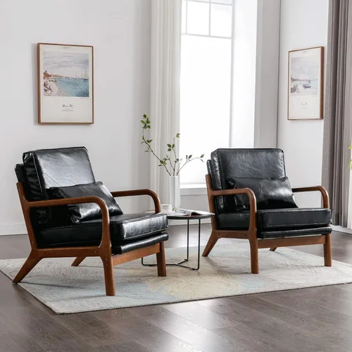 Vista 3 de Deolme Silla de Acento Moderna de Mediados de Siglo para Sala de Estar - Cómoda Silla con Brazo de Madera Maciza con Almohada Lumbar, Silla Lateral