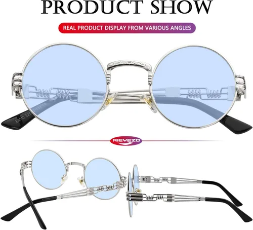 Vista 6 de AIEYEZO Gafas de sol redondas Steampunk Circle Lennon Hippie, montura de metal, lente con bloqueo UV 100%