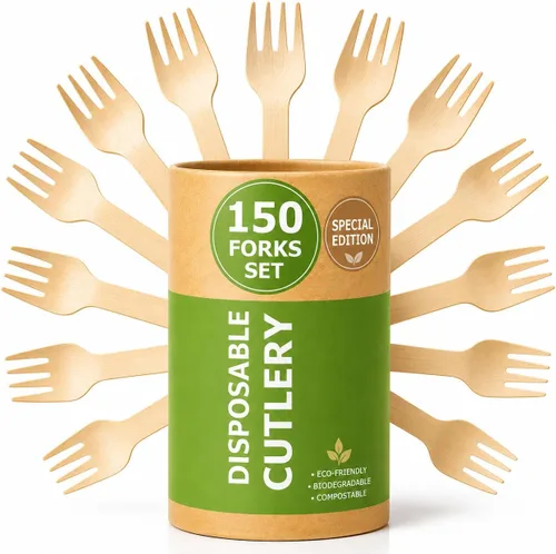 Vista 12 de Juego de cubiertos compostables de edición especial (150 piezas) – Juego de cubiertos de madera desechables – Alternativa al plástico, ecológico