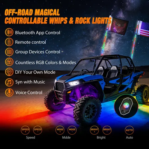 Vista 2 de Nilight 2 luces LED RGB de 3 pies con base de resorte y 4 luces de rock, control remoto de aplicación con patrones de persecución de bricolaje