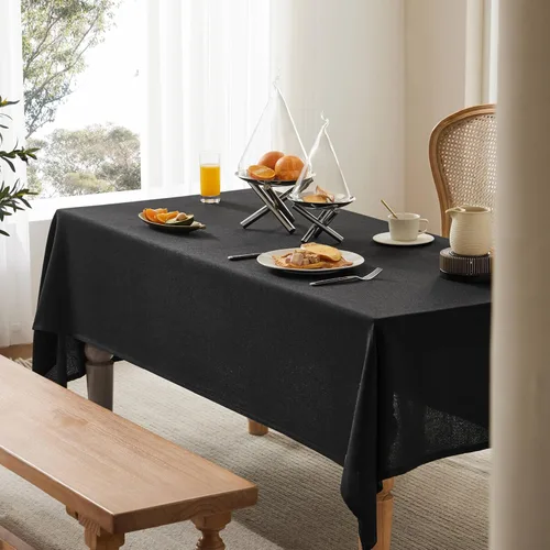 Vista 3 de Mantel de lino para mesa cuadrada, 52 x 52 pulgadas, color negro, mantel negro estilo granja, manteles de arpillera resistentes al agua para mesa