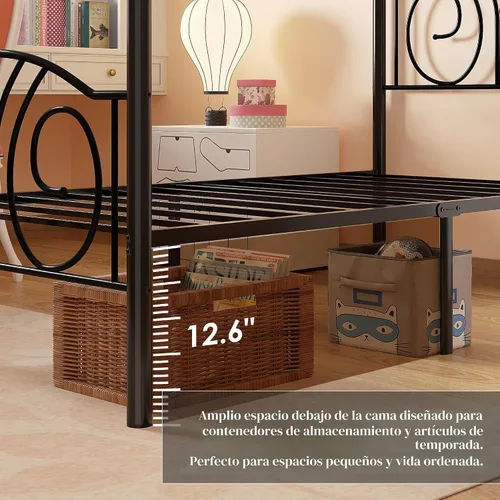 Vista 6 de VECELO Marco de cama con dosel doble, cabecero vintage con voluta, negro Negro mate