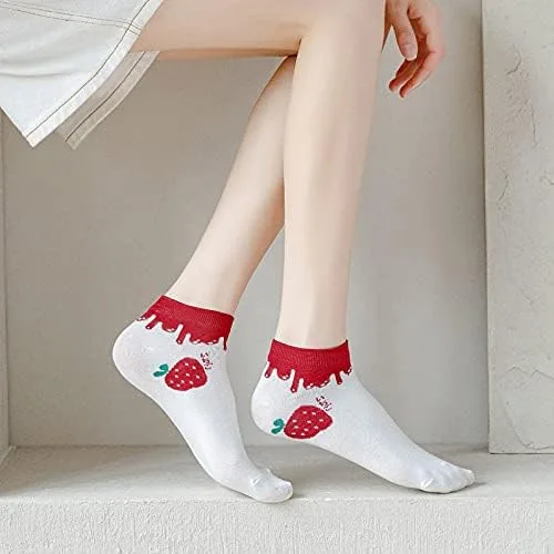 Vista 4 de 5 pares de calcetines Kawaii con diseño de fresa, fresa, lindos calcetines de corte bajo para mujer, calcetines casuales de tobillo, Multi colorido