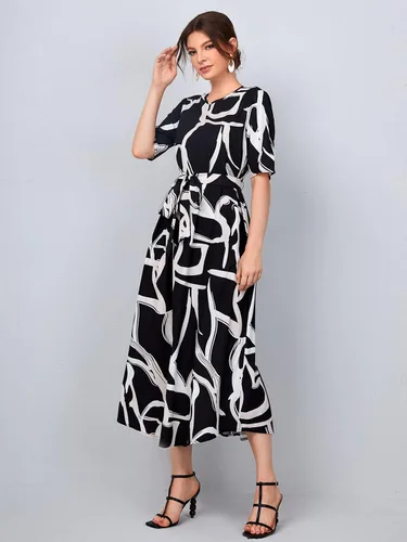 Vista 5 de WDIRARA Vestido largo de manga corta con cuello redondo y cinturón para mujer, vestido elegante
