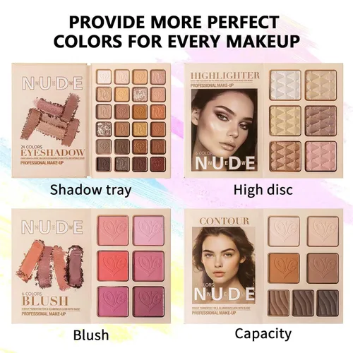 Vista 3 de Paleta de maquillaje, sombra de ojos, resaltador, rubor y contorno, juego de paleta de maquillaje plegable estilo libro de 4 capas, brillo metálico