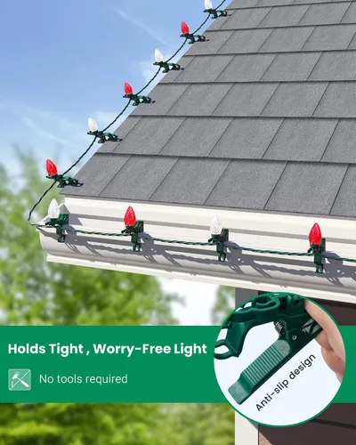 Vista 2 de SURAIELEC C9 Luces LED de Navidad con clips, 67 pies, 100 luces de techo de Navidad para exteriores con clips de resorte, luces de cadena rojas