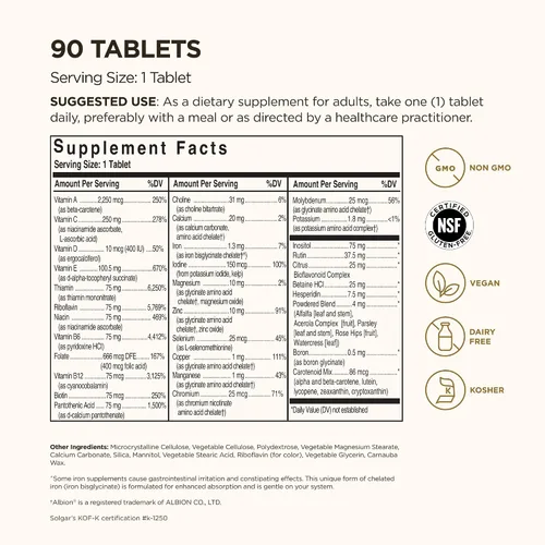 Vista 2 de Solgar Fórmula VM-75, 90 tabletas – Multivitamínico con minerales quelados – Vitamina A, B6, B12, C, D, E – Biotina, magnesio, calcio, hierro, zinc