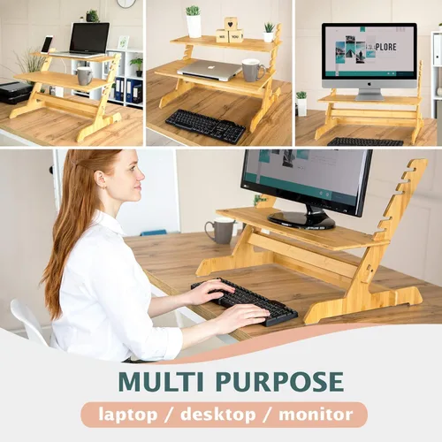 Vista 5 de Elevador de escritorio ajustable de bambú 100% natural, soporte convertidor de escritorio, sin tornillos, se instala en menos de 1 minuto, para uso