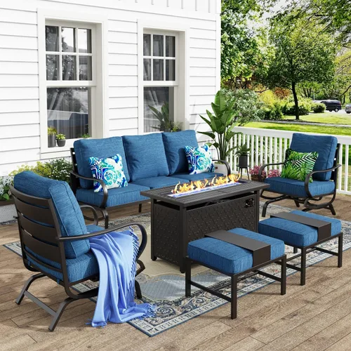 Vista 44 de MFSTUDIO Juego de 4 piezas de conversación para patio, marco de metal para todo tipo de clima, muebles de exterior con 1 mesa rectangular de propano
