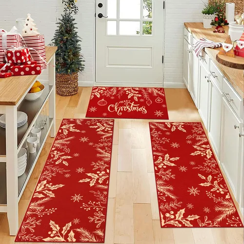 Vista 3 de Pauwer Juego de 3 alfombras de cocina de Navidad, tapetes de cocina con flores de Navidad, alfombras y tapetes de cocina antideslizantes y lavables