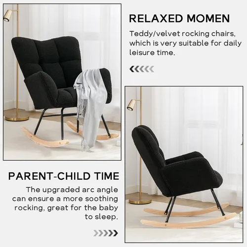 Vista 7 de Silla mecedora moderna para cuarto de bebé, silla deslizadora tapizada con respaldo alto, sillón de acento mecedor con patas de madera maciza